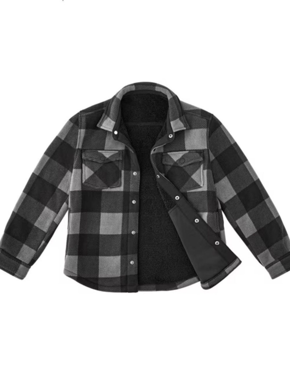 Kids Black & Gray Buffalo Plaid Sherpa-Lined Shirt Jacket